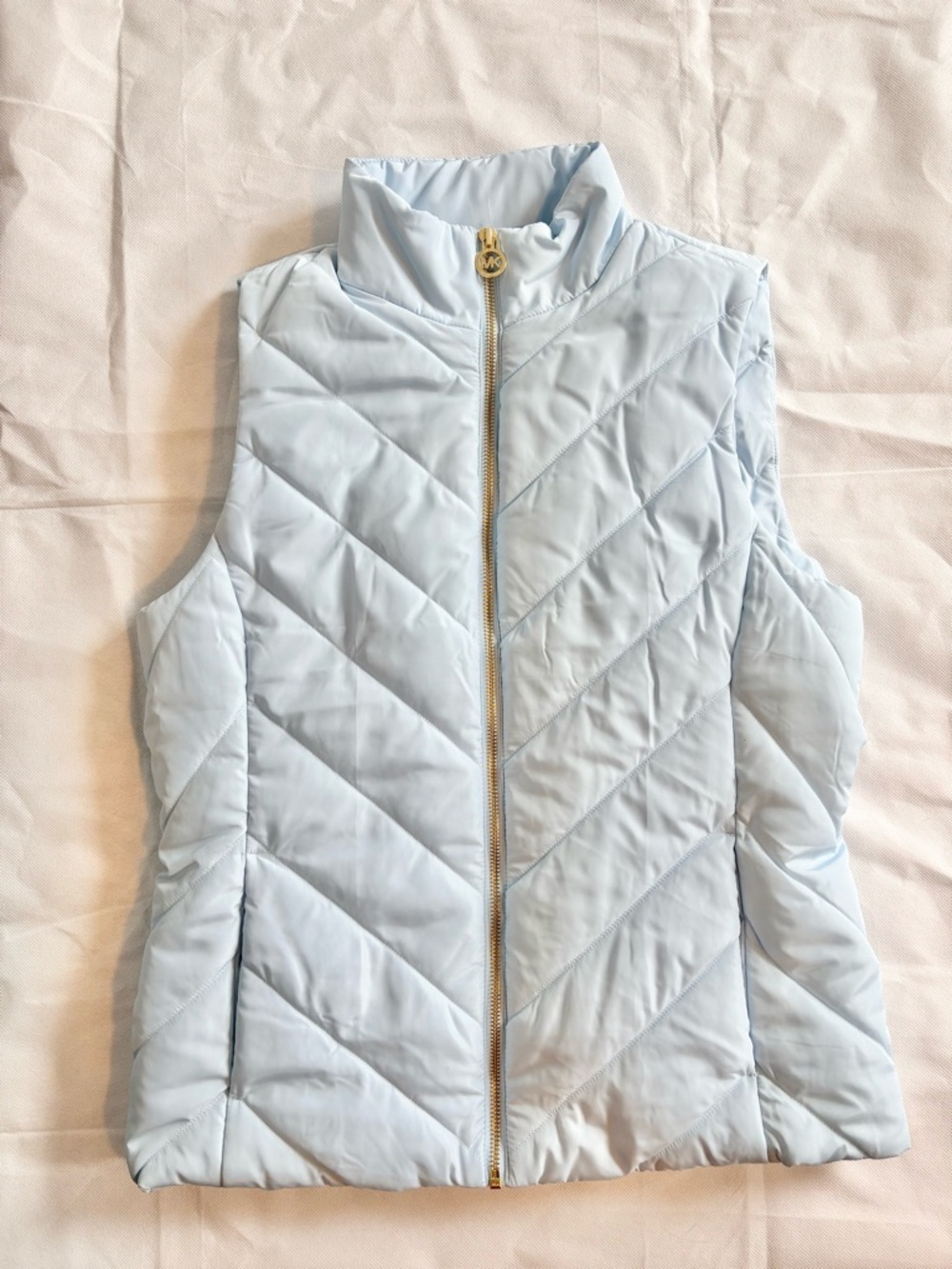 Michael Kors Pastel Blue Quilted Puffer Vest with Gold MK Zipper